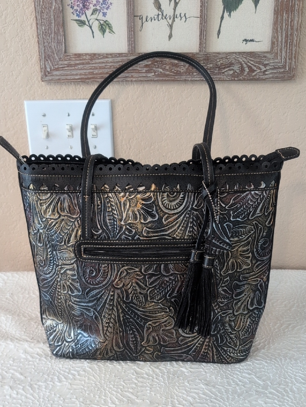 MC Leather Hand Tooled Floral Black Tote Bag with Tassel